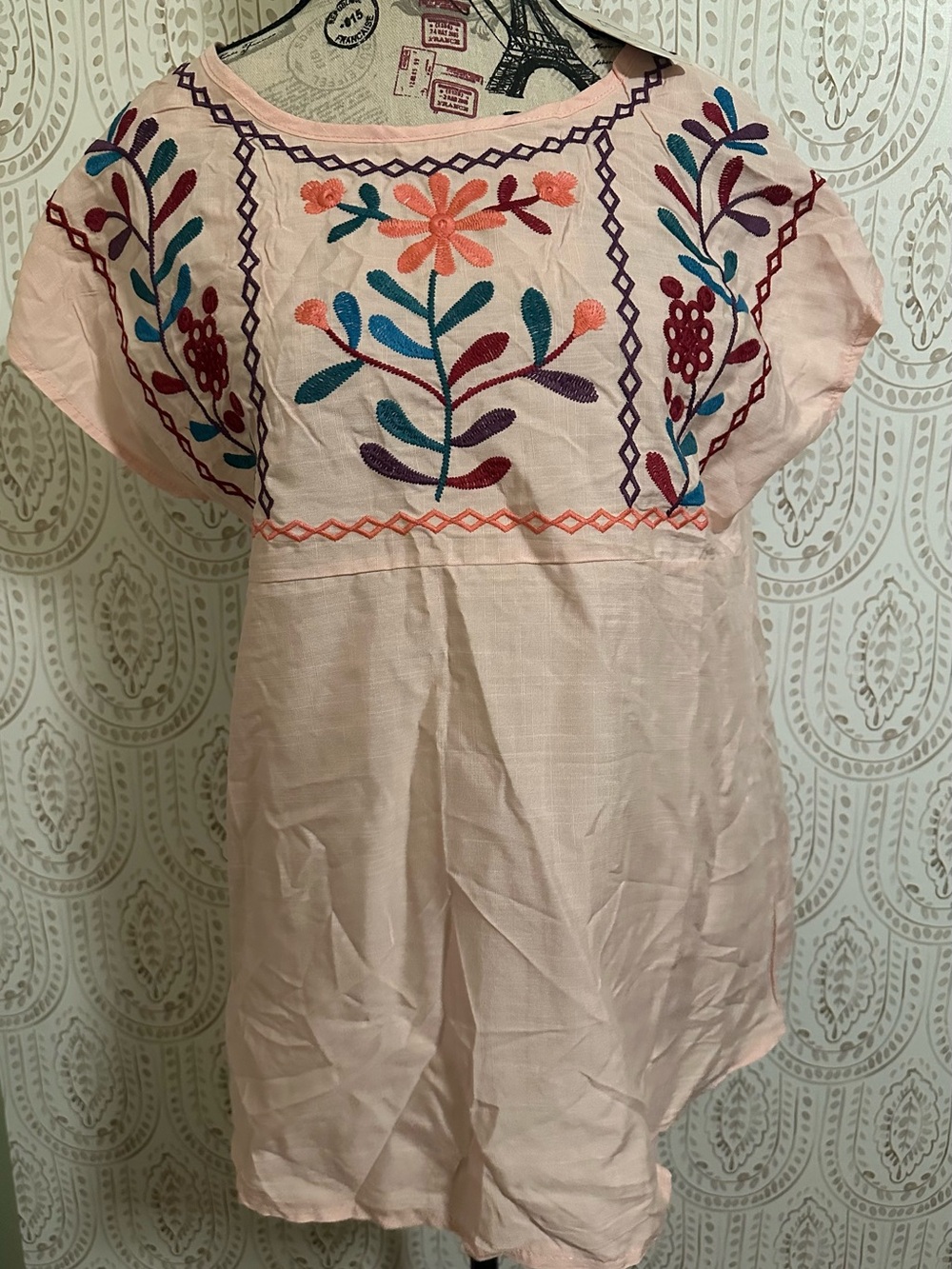 Embroidered Pink Floral Peasant Top